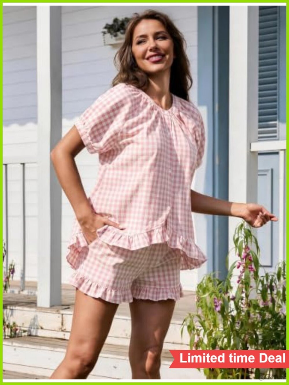 Womens 100% Cotton Gingham Pajama Set Ruffle Loungewear Short Sleeve - Picture 4 of 6
